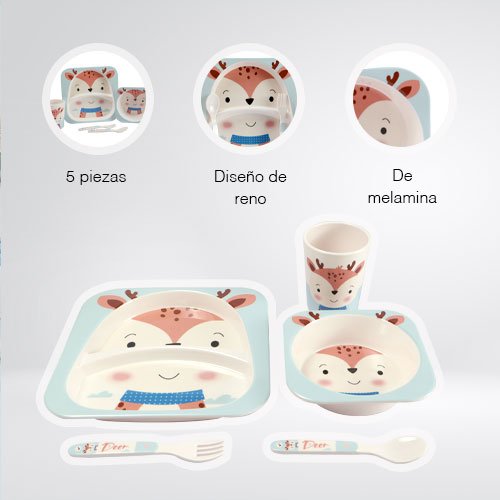 Set de Desayuno Infantil de Reno | Vajilla de Melamina 5 Pzas - Imagen 2