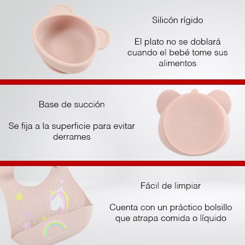 Set de Tazón y Babero de Silicón Rosa | Libre de BPA y Apto para Microondas - Imagen 2