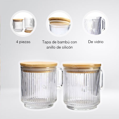 JUEGO DE 2 TAZAS DE 310 ML DE VIDRIO CON TAPA DE BAMBU - Imagen 2