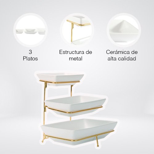 SET DE 3 PLATONES DE SERVICIO DE CERAMICA CON RACK DE METAL - Imagen 2