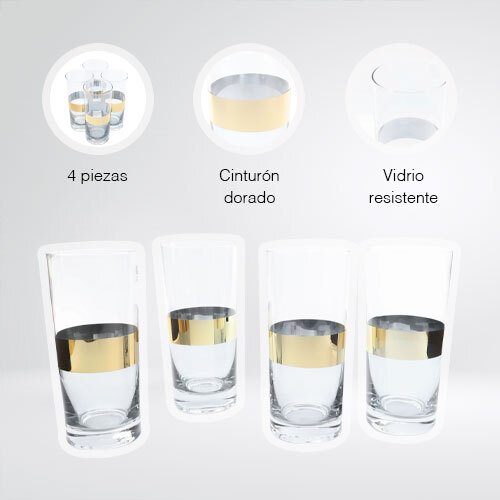 SET DE 4 VASOS ALTOS DE 450 ML DE VIDRIO CON BANDA DORADA - Imagen 2