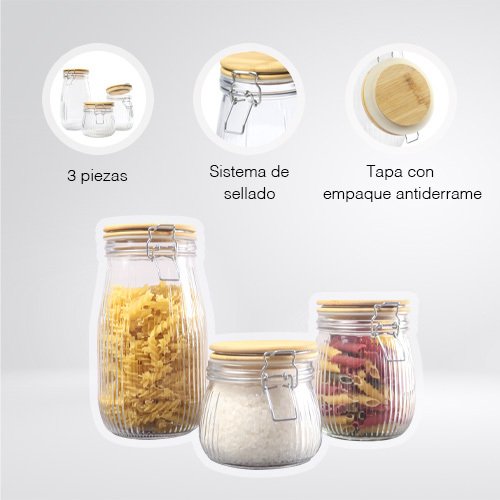 Set de 3 Frascos de Vidrio con Tapa de Bambú STORE3 | Herméticos - Imagen 2