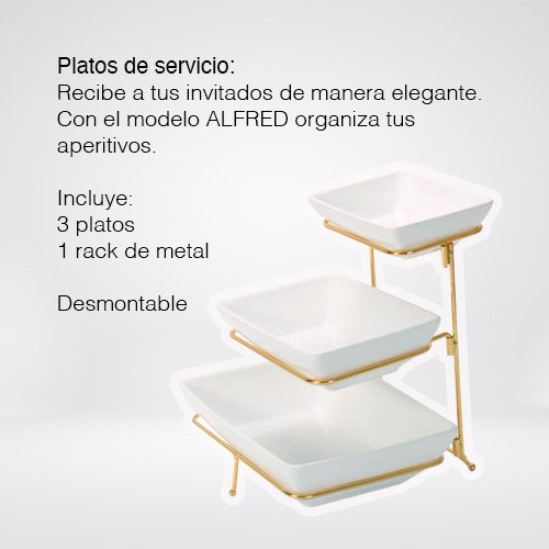 SET DE 3 PLATONES DE SERVICIO DE CERAMICA CON RACK DE METAL - Imagen 3