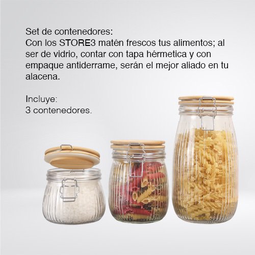 Set de 3 Frascos de Vidrio con Tapa de Bambú STORE3 | Herméticos - Imagen 3