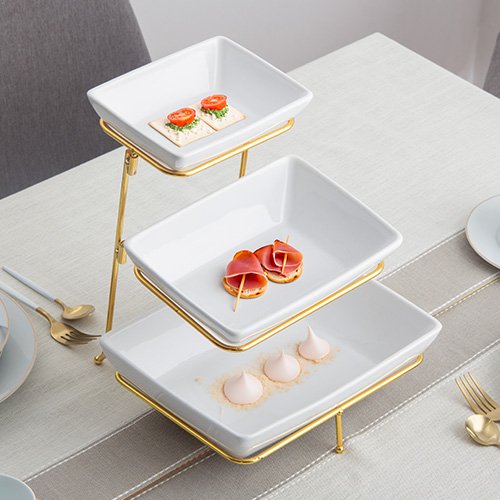 SET DE 3 PLATONES DE SERVICIO DE CERAMICA CON RACK DE METAL - Imagen 6