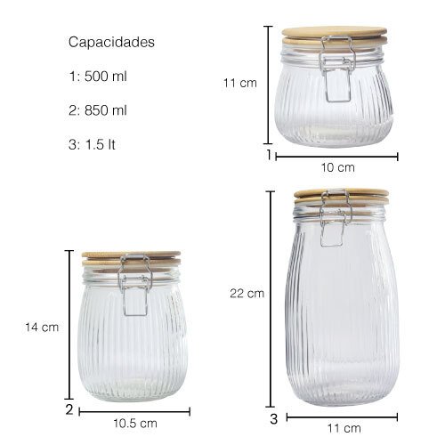 Set de 3 Frascos de Vidrio con Tapa de Bambú STORE3 | Herméticos - Imagen 4