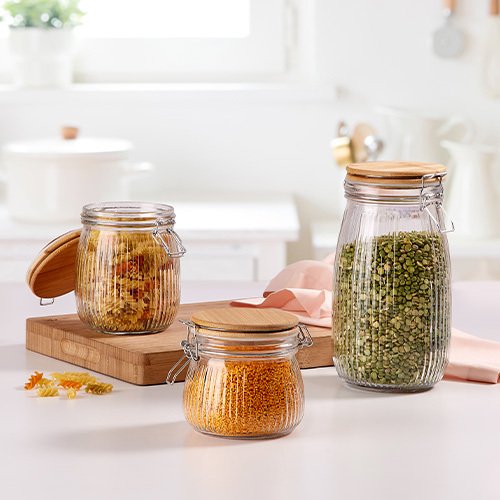 Set de 3 Frascos de Vidrio con Tapa de Bambú STORE3 | Herméticos