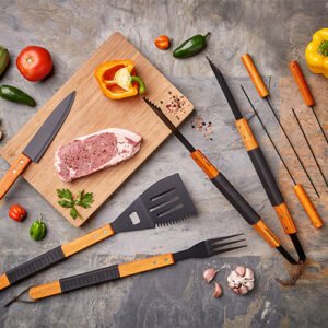 Set de 9 Utensilios para Parrilla con Estuche | Acero y Madera Premium
