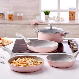 BATERIA DE SARTENES Y CACEROLA CON TAPA COLOR ROSA