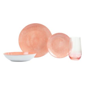 VAJILA ROSA DE PORCELANA CON VASOS DE 16 PIEZAS PARA 4 PERSONAS
