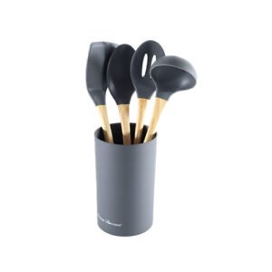 SET DE UTENSILIOS DE NYLON CON MANGO DE MADERA Y BASE