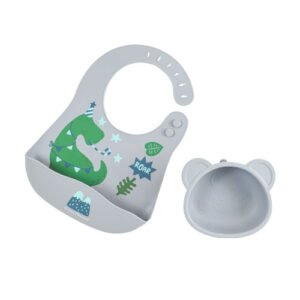 Set de Tazón y Babero de Silicón Azul | 330ml y Diseño Dinosaurio