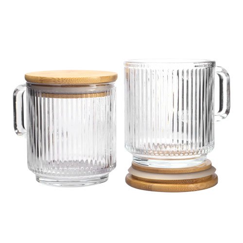JUEGO DE 2 TAZAS DE 310 ML DE VIDRIO CON TAPA DE BAMBU