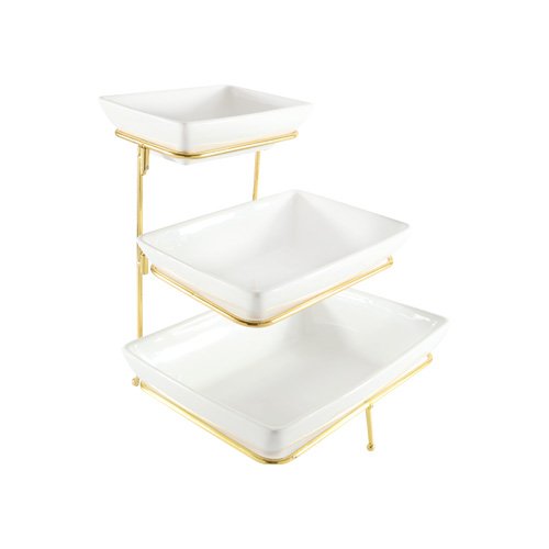 SET DE 3 PLATONES DE SERVICIO DE CERAMICA CON RACK DE METAL