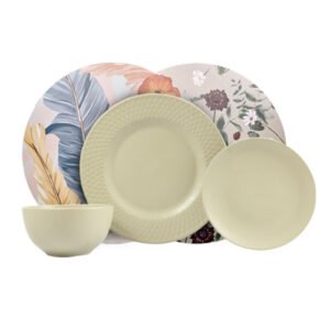 VAJILA TAUPE DE CERAMICA CON MANTELES DE 16 PIEZAS PARA 4 PERSONAS