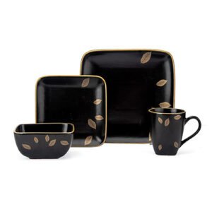 VAJILLA NEGRA CUADRADA DE CERAMICA PARA 4 PERSONAS DE 16 PIEZAS