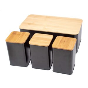 Set Orionn: 4 Organizadores de Metal Negro con Tapa de Bambú | Moderno