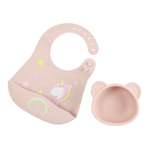 Set de Tazón y Babero de Silicón Rosa | Libre de BPA y Apto para Microondas